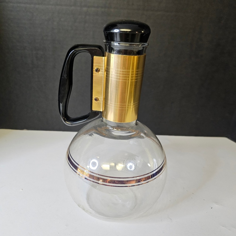 Vintage Silex Pyrex Glass Coffee Carafe Gold Tone Band Black Mid Century Modern